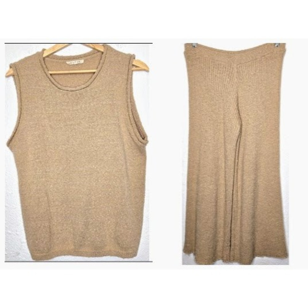 Et‎ Clet Top Pants Set Womens Med Tan Popcorn Knit Wide Leg Flowy Stretch Lounge